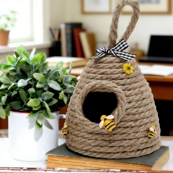 LWVITH Bee Hive Woven Jute Rope Ornament, Round Honeycomb Hanging Decor, Handmade Boho Wall Hanging for Living Room Bedroom Balcony, Ceiling Decor, Farmhouse Gift for Harvest Festival Bee Festival
