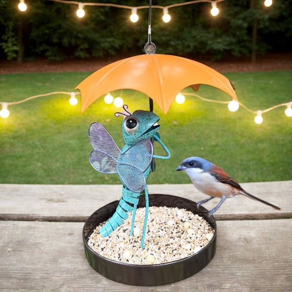 LWVITH Bird Feeder with Umbrella Roof, Hanging Metal Feeder with Weatherproof Canopy for Garden Patio, Decorative Outdoor Birdhouse with Blue Orange Design, Bird Watching Gift and Garden Art
