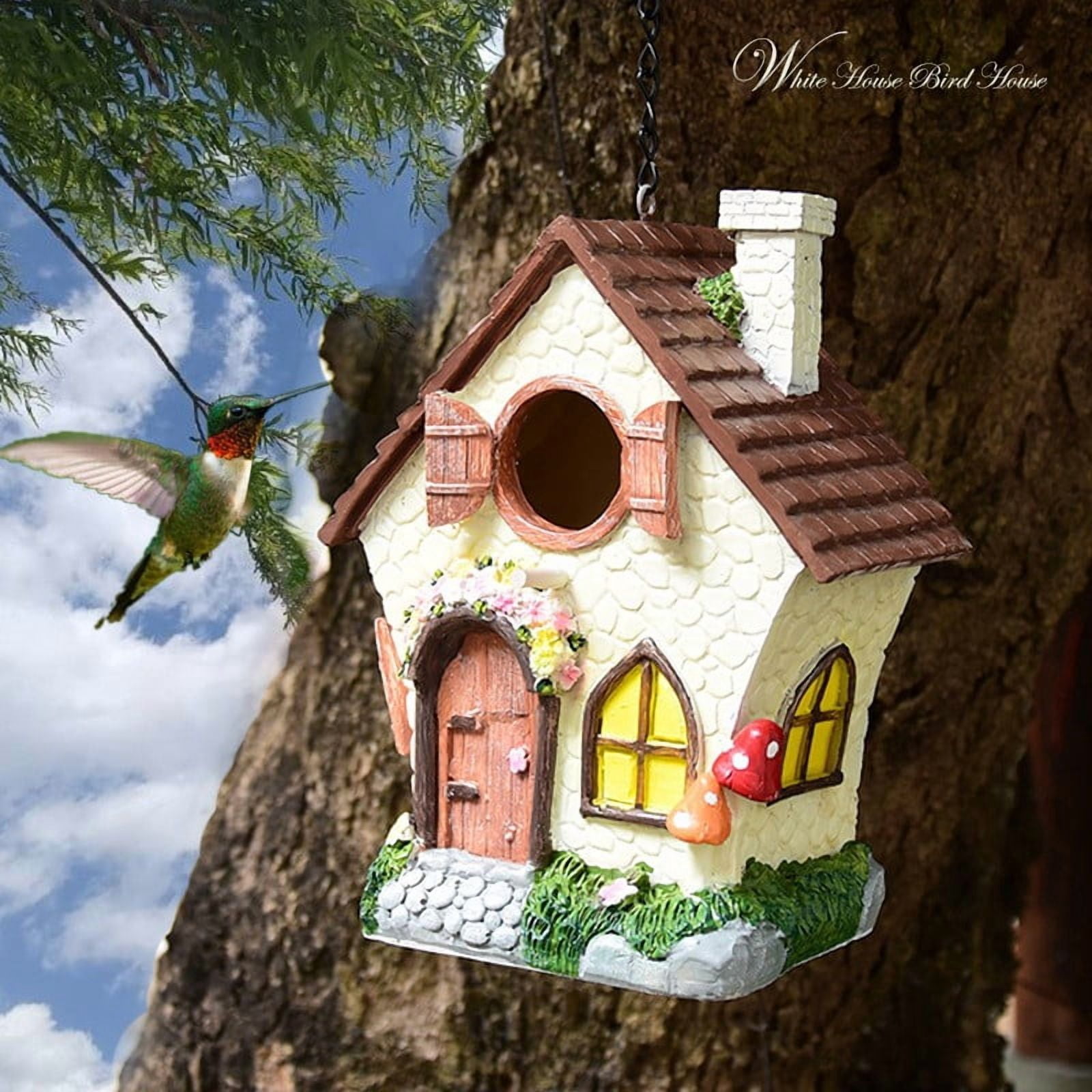 LWVITH Birdhouse Garden Statue Ornament, 8.3" Hand-Painted Hanging Wall Tabletop Decor, Whimsical Outdoor Patio Yard Art Accent for Tree Porch Backyard Lawn, Unique Nature Lover Housewarming Gift