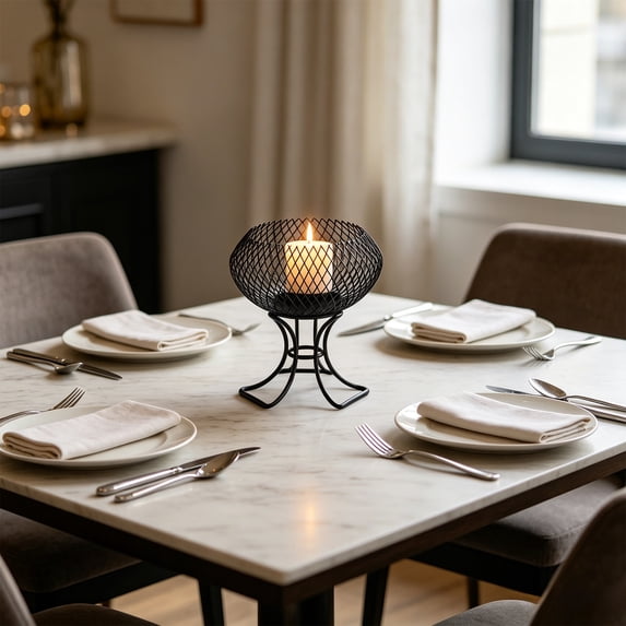 LWVITH Black Wrought Iron Lantern Candle Holder for Tabletop, Rust Resistant Tealight Stand, Romantic Candle Holder for Living Room Dining, Openwork Mesh Casts Soft Shadows, Home Decor Accent