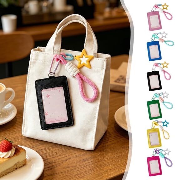 LWVITH Card Holder with Star Design for Students, ID Badge Holder with Woven Strap and Transparent Window, Cute Photo Card Case for Bus Pass School ID, Lightweight PU Leather, Keychain Attachable