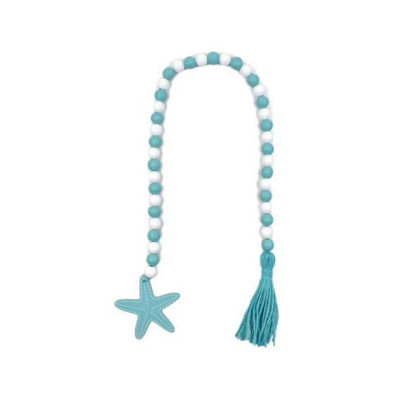 LWVITH Coastal Wooden Bead Garland with Starfish and Shell Pendants, Turquoise Tassel Hanging Ornament for Beach Theme Wall, Door, Shelf, Summer Home Decor, Boho Nautical Vibe for Coastal Cottage