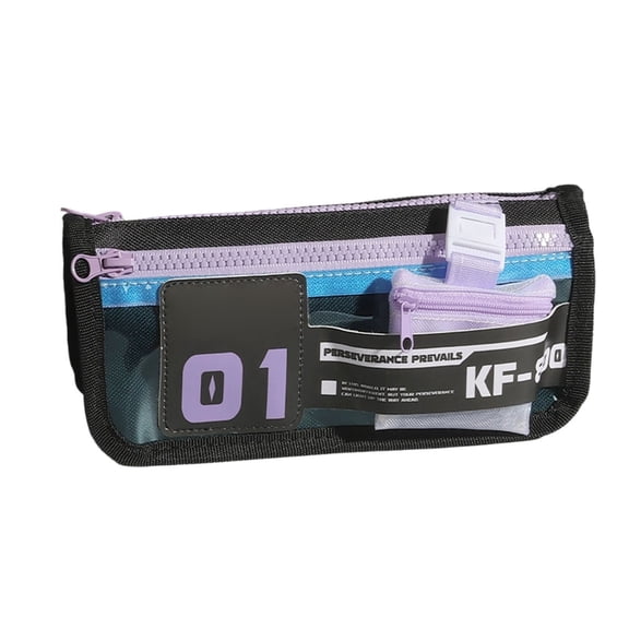 LWVITH Cyber Techwear Pencil Case, Semi-Transparent Mesh Pen Bag with Number Badge 01/02/03 & KF-90 Webbing Strap, Front Zip Pocket & Buckle Detail, for Trendy Teens, Birthday Gift for Teen