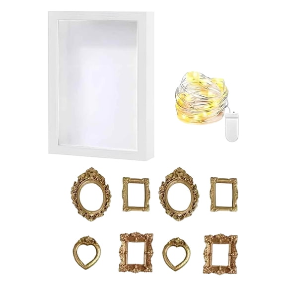 LWVITH DIY Memory Shadow Box Kit Mini Museum Gold Frame Miniature Figurines with LED Lights for Photos Keepsake Display Home Decor Gift for Anniversary Wedding Birthday Valentine's Day