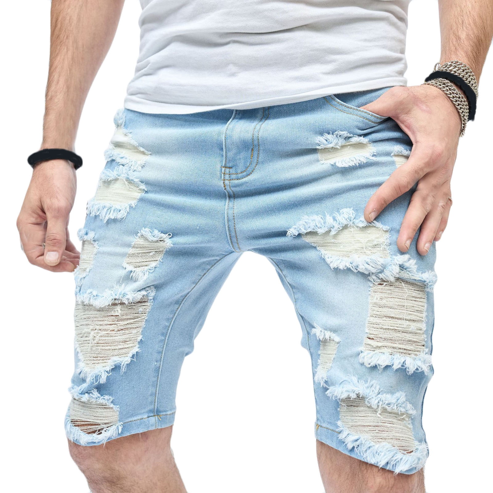 LWVITH Denim Shorts for Men Sale Clearance Stretch Ripped Short Jean Knee Length Faded Casual Combat Cargo Jeans with Pockets Loose Fit Outdoor Work Short Pants Walmart