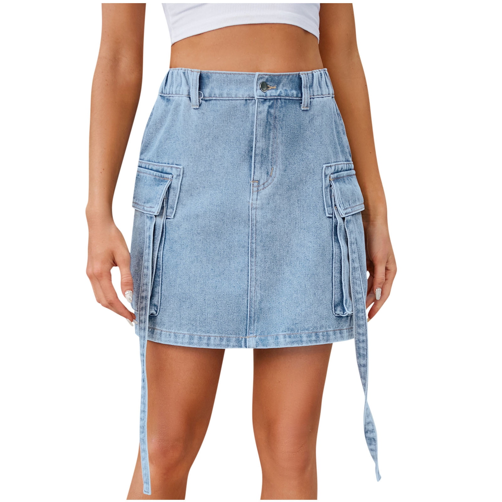 LWVITH Denim Skirt with Pockets for Women Ladies Jean Skirts Stretch Mid Wash Fitted A Line Casual Work Office Mini Skirts Light Blue L Walmart