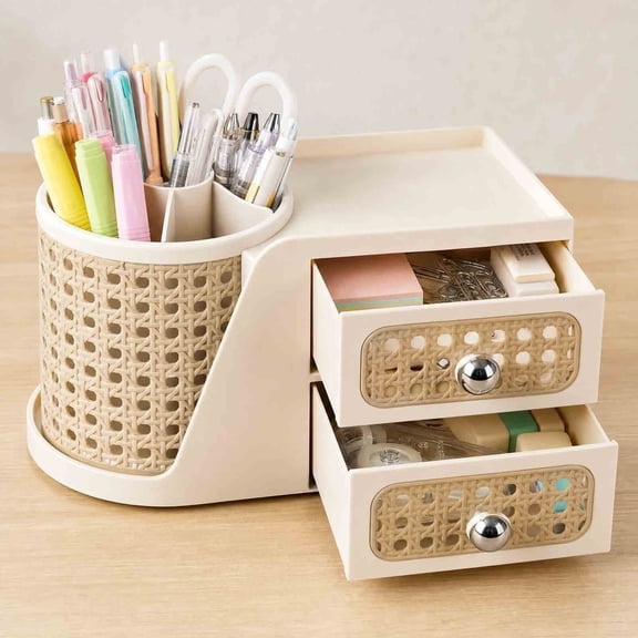 LWVITH Desktop Storage Organizer for Desk, 360 Rotating Pen Holder with 2 Drawers, Multifunctional Stationery Caddy for Office Supplies, Top Shelf for Cell Phone Notepad for Student Dorm Home