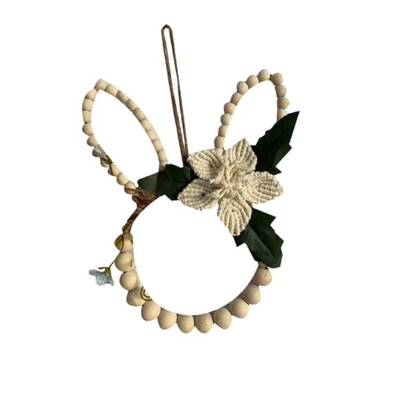 LWVITH Easter Bunny Wall Hanging, Wood Bead Braided Decor with Floral Accents, Spring Farmhouse Wall Art for Home Decor, Handmade Look Ornament for Door and Indoor Wall