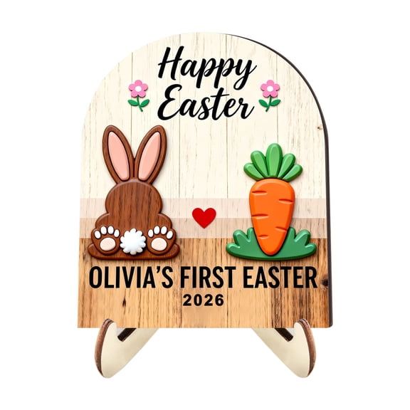 LWVITH Easter Decor with "OLIVIA'S FIRST EASTER 2026", Rustic Wooden Bunny Egg Carrot Centerpiece, Farmhouse Easter Table Decor for Mantel Shelf, Spring Holiday Home Decoration and Keepsake Ornament
