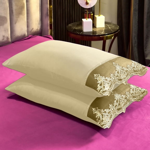 LWVITH Embroidered Pillow Cases Set of 2, Luxurious European Style Embroidery Golden Thread Soft Premium Fabric 20x30 Inch Standard/Queen Size for Master Bedroom Guest Room Hotel