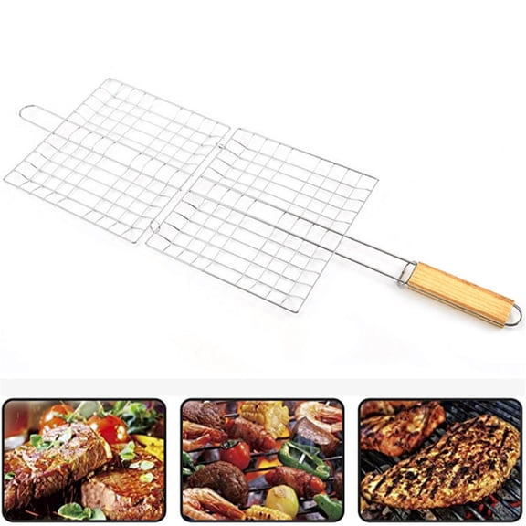 LWVITH Foldable BBQ Grilling Basket with Wood Handle, Stainless Steel Wire Mesh Grill Net for Fish Steak Vegetables, Portable Camping Barbecue Rack Tool for Outdoor Cooking, Flipper Clamp