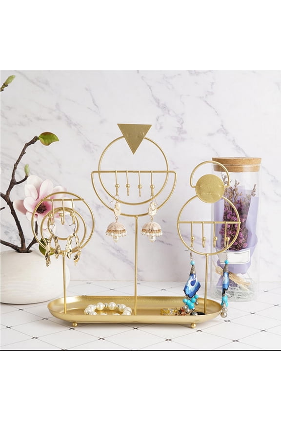 Gold Jewelry Display Stand with Hanging Hooks and Tray - Wrought Iron Earring Necklace Organizer, European Style Geometric Design, Durable Gold Finish for Vanity Dresser Tabletop