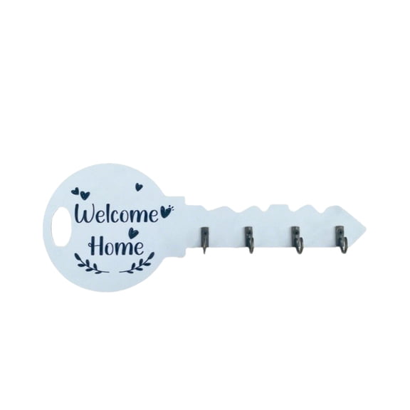 LWVITH Key Shaped Wooden Key Holder for Entryway, Welcome Home Wall Mounted Rack with 4 Hooks, Rustic Farmhouse Decor Organizer for Keys Lanyards, 11.6x4.7 Inch Black White Finish