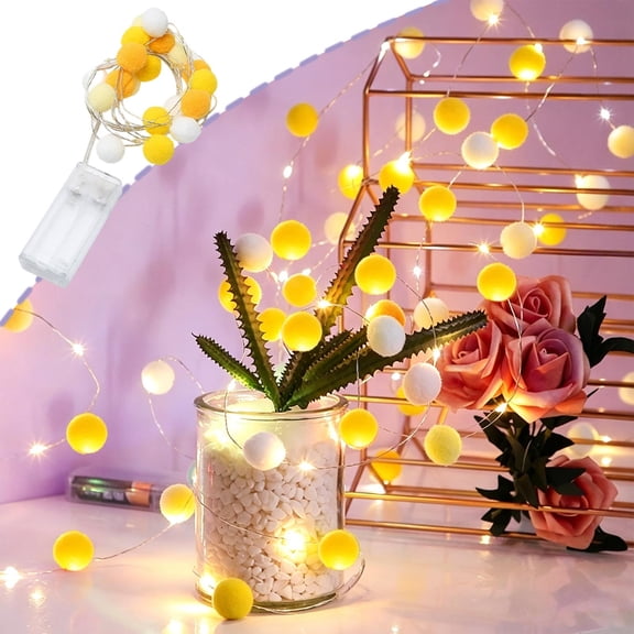 LWVITH LED Cotton Ball Lights for Room Decor, 20 LED Fluffy Yarn Ball String Lights, Battery Powered LED Waterproof Copper Wire, Fairy Lights for Bedroom Birthday Wedding Holiday Thanksgiving, 6.5FT