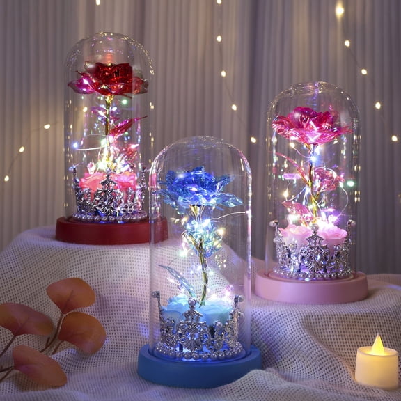 LWVITH Preserved Rose in Glass Dome with LED Light, Real Eternal Flower Night Lamp Display, Romantic Illuminating Decor for Bedroom Living Room Shelf, Valentine's Anniversary Birthday Gift for Her