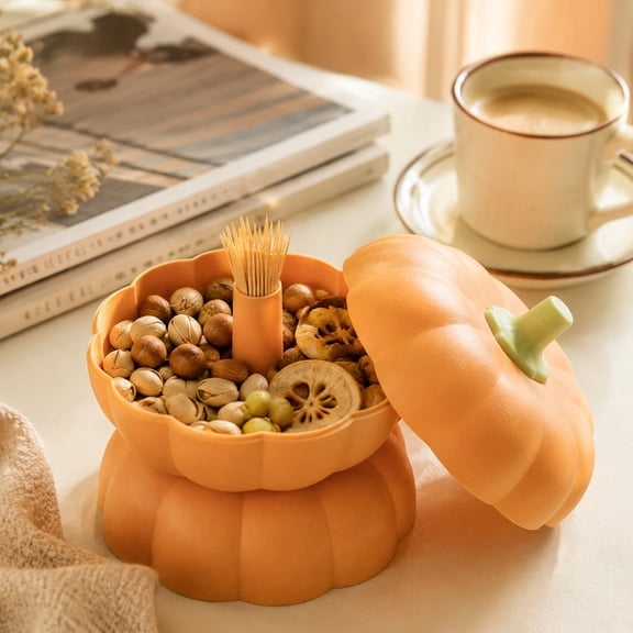 LWVITH Pumpkin Snack Bowl for Halloween Candy and Party Display, Double Layer Lidded Server, Jack-o-lantern Centerpiece, Fall Harvest Fruit Bowl, Kitchen Counter Decor, Thanksgiving Table Accent