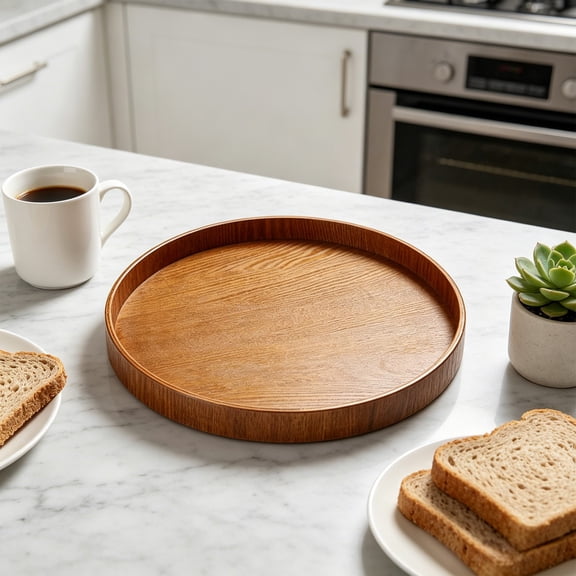 LWVITH Round Wooden Serving Tray, 9.5 Inch Natural Wood Tray for Coffee Tea and Food, Non-Slip Raised Edge, Brown Teak Finish, Home Kitchen Tabletop Organizer