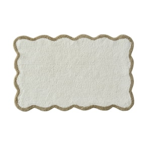 LWVITH Scallop Edge Bathroom Rug, 24"x16" Cream with Khaki Color Block Border, Vintage Scalloped Wave Mat for Bedroom Vanity Entryway, Soft Carpet French Retro Aesthetic, Housewarming Birthday Gift