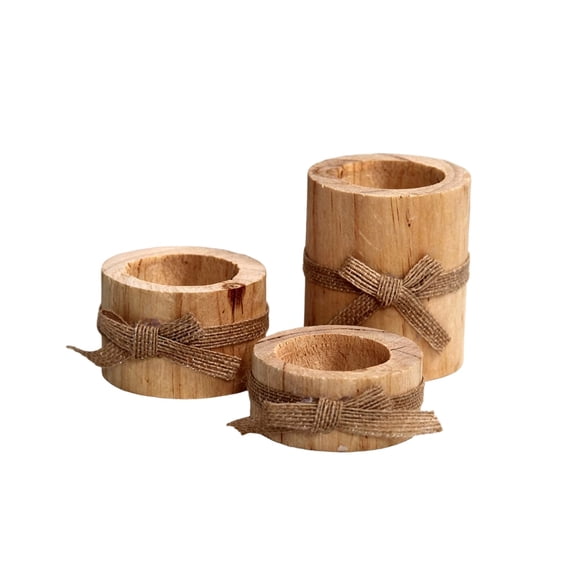 LWVITH Set of 3 Wooden Candle Holders with Jute Bow Tie, Natural Tree Stump Tea Light Stand for Table Decor, Rustic Farmhouse Candle Base for Wedding Party, 5.3 Inch