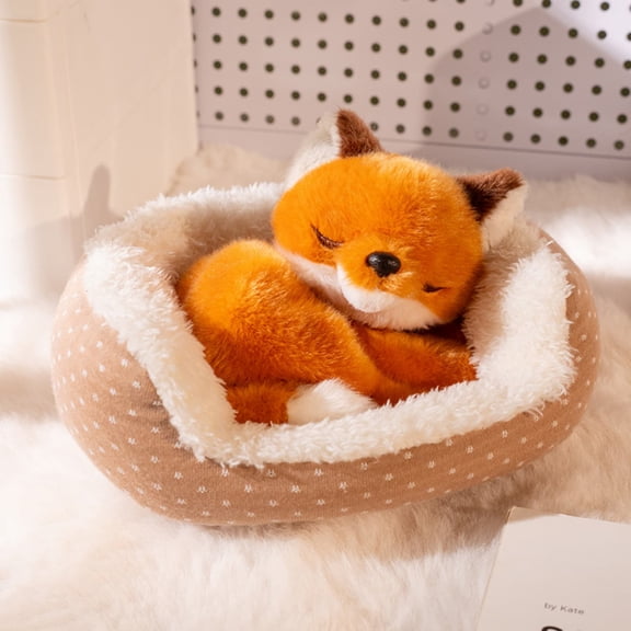 LWVITH Sleeping Animals Stuffed Plush Toys with Cozy Nest, 8" Cute Fluffy Plushie Lying Down Sleeping Pose Soft Plush for Stress Relief for Desk Bedroom Living Room Shelf Xmas Birthday Gift, Fox