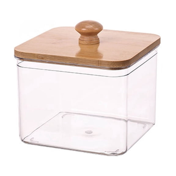 LWVITH Transparent Square Storage Container with Wooden Lid, Plastic Bin for Laundry Pods, Cereal Snacks Tea, Airtight Kitchen Bathroom Organizer, Stackable Clear Body, Bamboo Lid with Knob