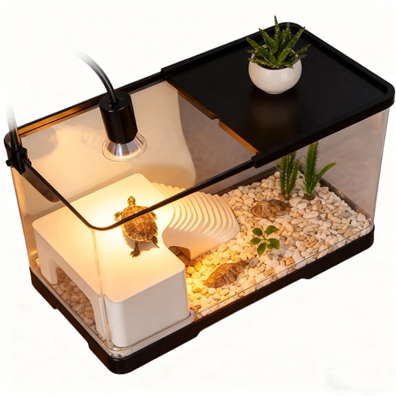 LWVITH Turtle Tank Kit with LED Basking Light, 2-in-1 Aquatic Terrestrial Habitat for Small Reptiles, Acrylic Mini Aquarium with Platform Ladder Decor, Beginner Starter Set for Turtles Frogs Crabs