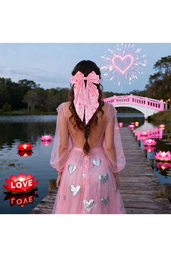 Valentine‘s Day Heart Bow Hair Clip for Women - Spring Grip Updo Clip for Back of Head, Romantic Hair Accessory with Ribbon for Date Night and Special Occasions