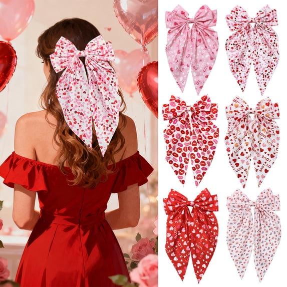 LWVITH Valentine‘s Day Heart Bow Hair Clip for Women - Spring Grip Updo Clip for Back of Head, Romantic Hair Accessory with Ribbon for Date Night and Special Occasions