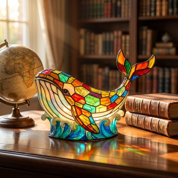 LWVITH Whale Night Light for Bedroom and Nursery, Faux Stained Glass Ocean Animal Lamp, Calming Tabletop Decor, Shelf Desk Mantel Ambient Light, Birthday Gift, Beach Room Decoration, Resin Art Craft