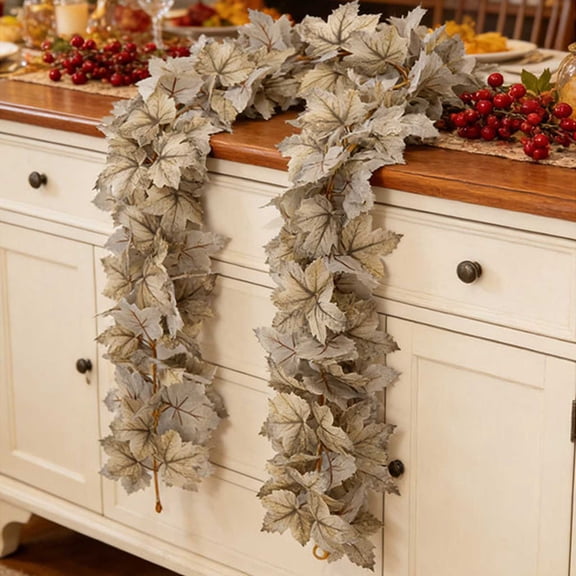 LWVITH Wihte Fall Garland for Thanksgiving Decor, Artificial Maple Leaf Garland for Front Door and Staircase, Autumn Hanging Vine for Wall Mantel Railing, Halloween Party Decoration, 6FT