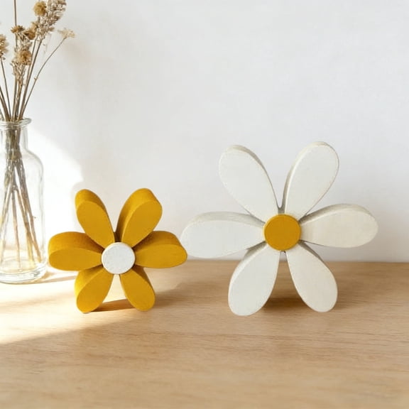 LWVITH Wood Flowers Home Decor Wooden Daisy Decor Set 2 Pieces Large and Small Nesting Display Yellow and White Tabletop Shelf Decor for Living Room Bedroom Spring Summer Rustic Floral Arrangement