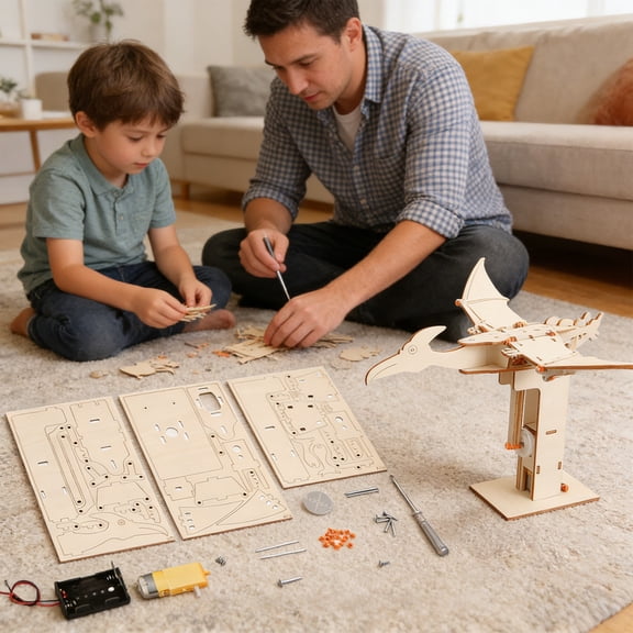 LWVITH Wooden Mechanical Pterosaur Building Kit STEM Educational Toys for Kids Natural Wood DIY Battery-Powered for Classroom Home Science Gift