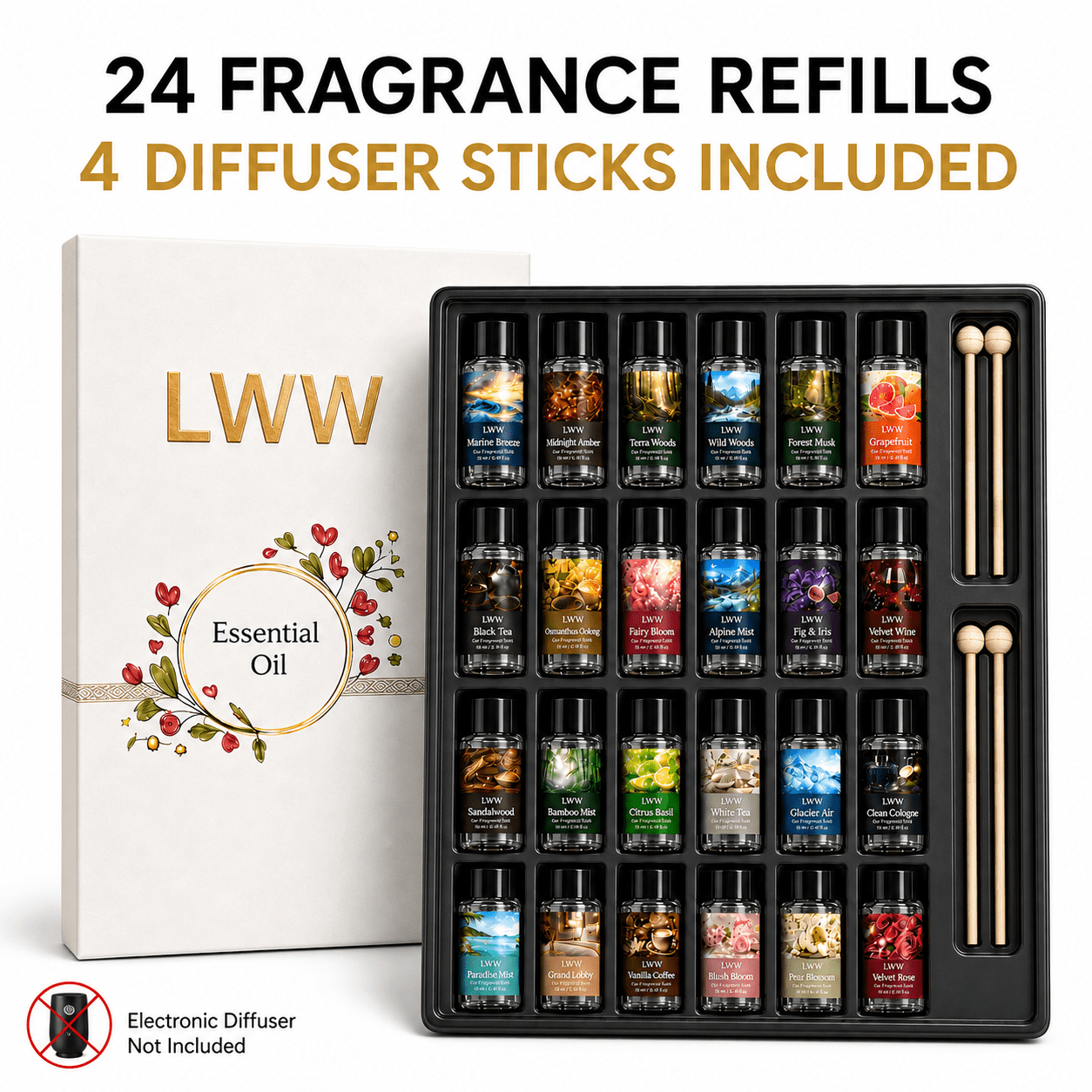 Sent Diffuser Refill LWW Car Air Freshener Fragrance Refills, 24 Pack, 10 mL Each, 24 Scents ...