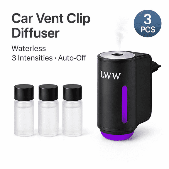 LWW Smart Car Air Freshener, Rechargeable Vent Clip Aroma Diffuser with 3 Intensity Levels, Waterless Design, Includes 3 x 10ml Perfume Bottles