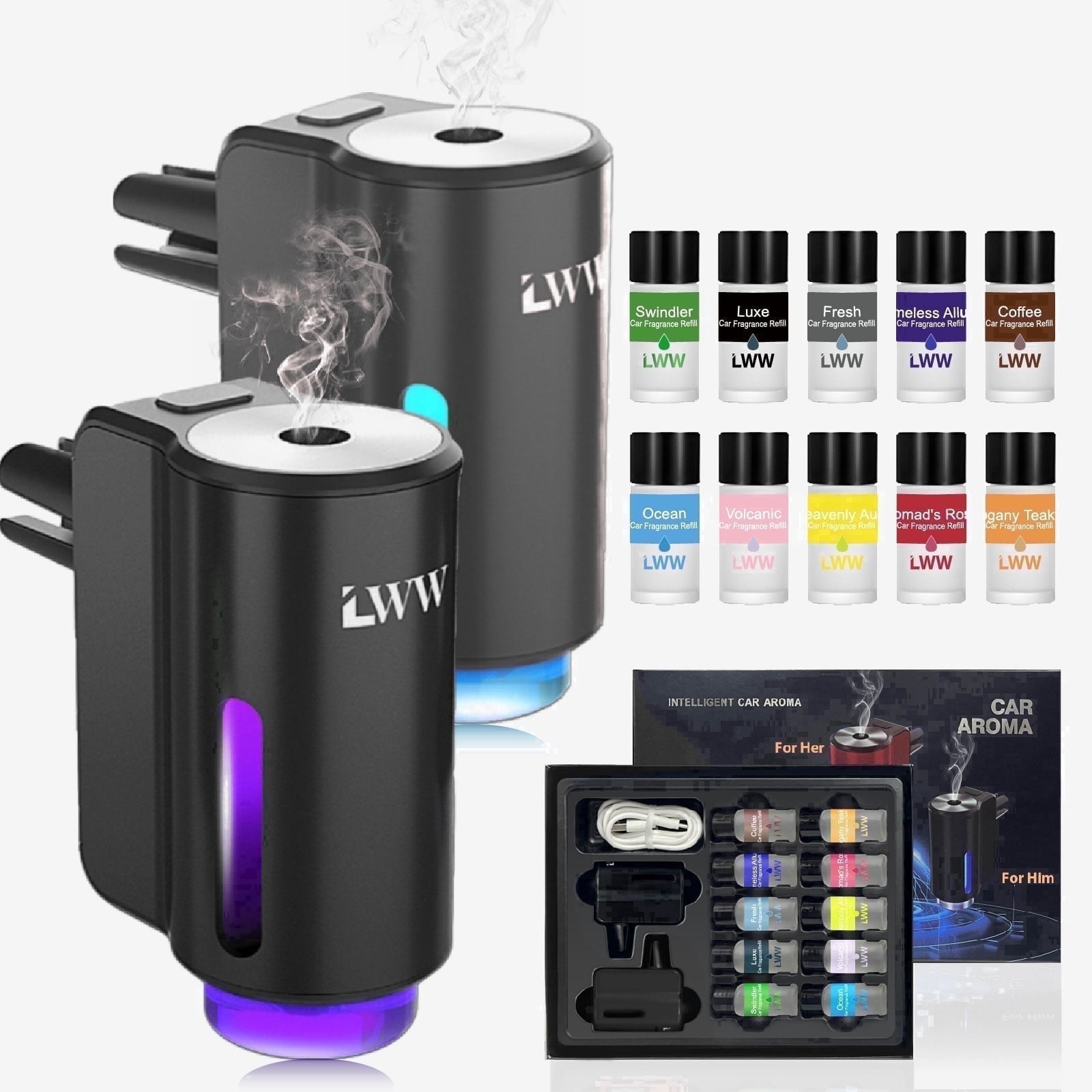 LWW Smart Car Aroma Diffuser Car Air Freshener Portable Rechargeable Intelligent Essential Oil Diffuser with 3 Adjustable Modes 10 Scents 1 Pack