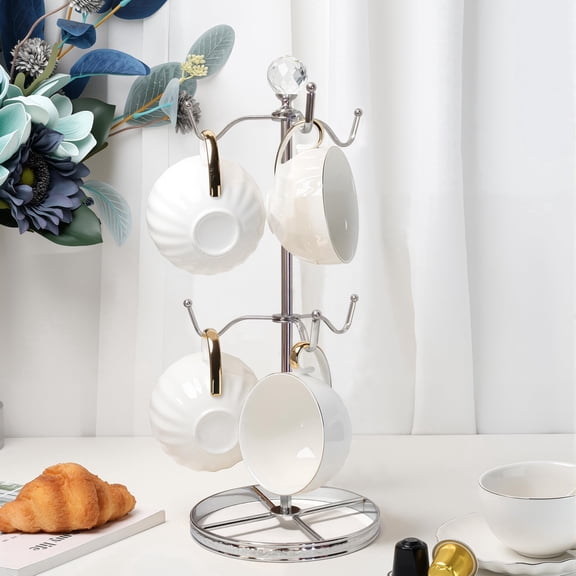 LWXPAIYY Coffee Mug Tree Holder Countertop,Double Tier TeaCup Mug Tree for Counter,Coffee Tea Cup Metal Holders for Counter Top 6 Hooks(Silver,Crystal Ball)