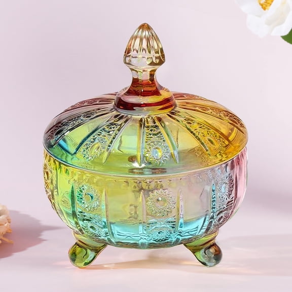 LWXPAIYY Glass Candy Dish with Lid,Rainbow Candy Jar with Lid 16oz,Colorful Embossed Vintage Candy Bowl with Lid for Office Desk Coffee Table,Buffet Storage Cookie Decorative Jar(Colored)