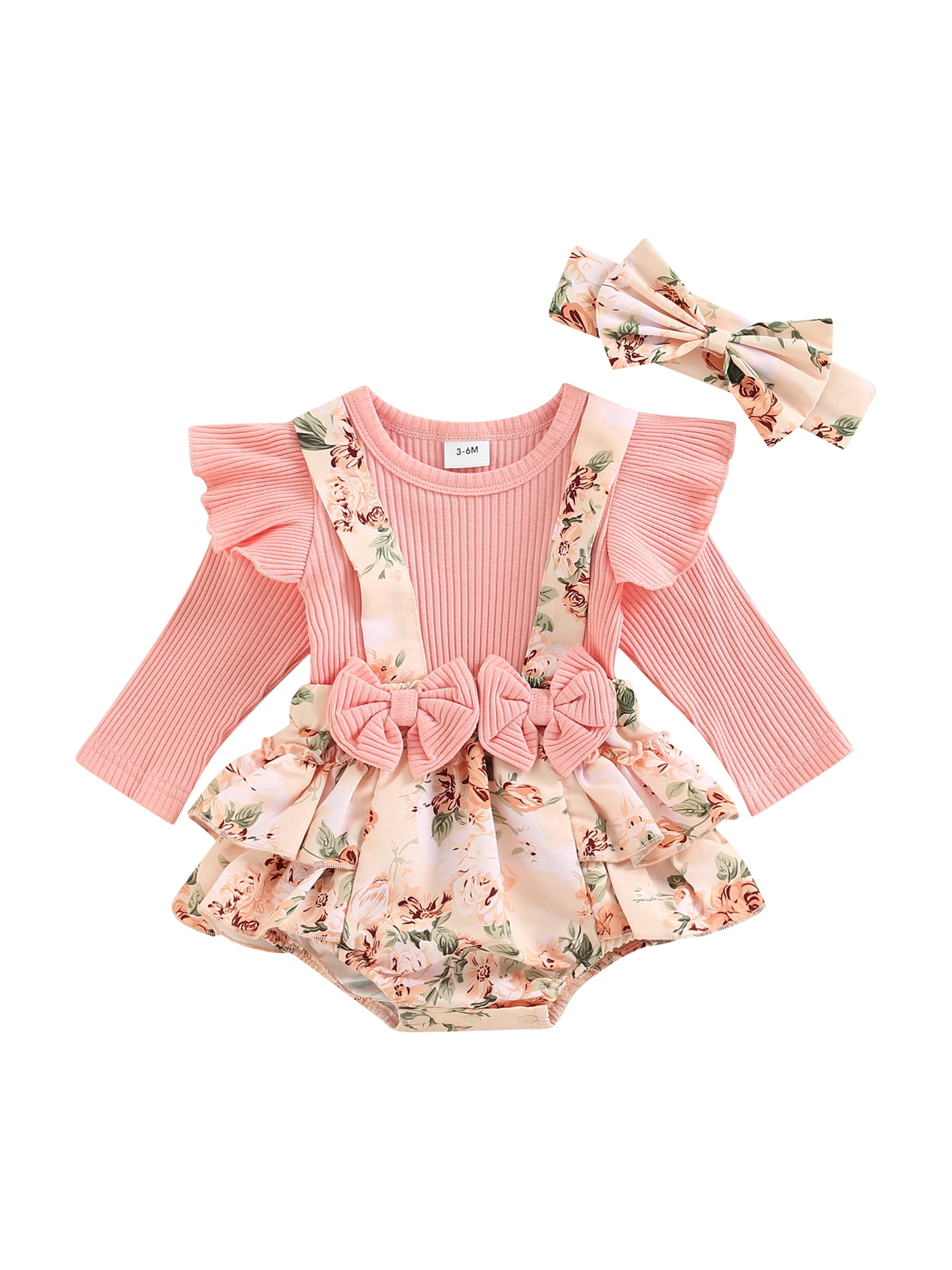 Nrmvnmi Newborn Baby Girl Princess Dress Fox Love Heart Print Ruffle Long Sleeve Jumpsuit Fox Suspender Skirt Butterfly Headband Three Piece Set Infa