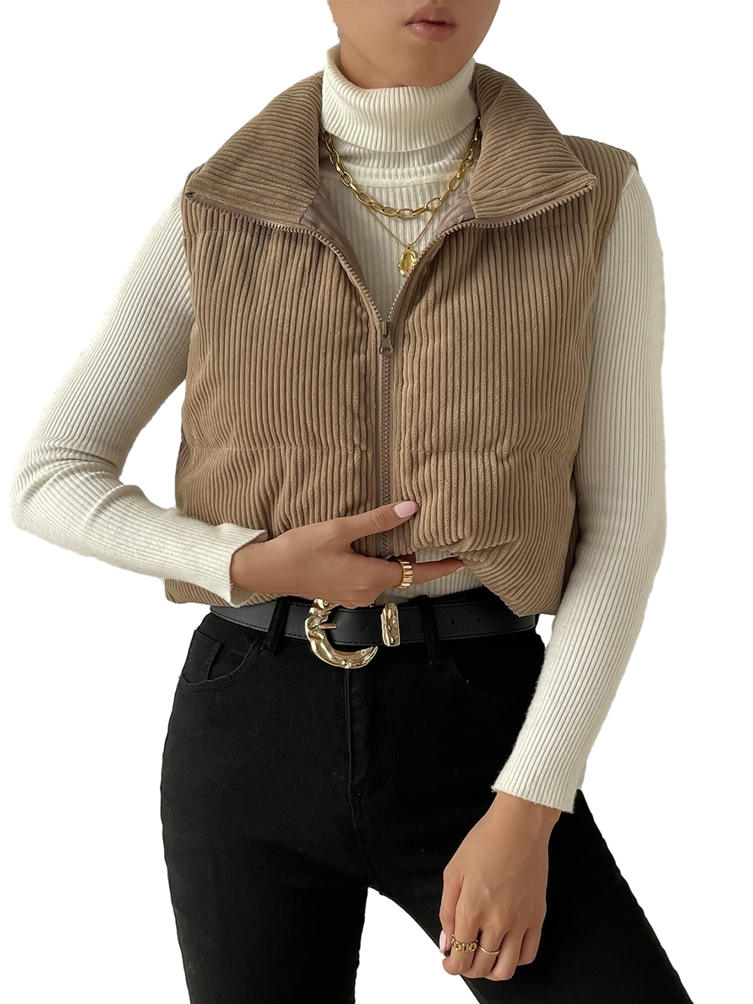LWXQWDS Women's Winter Corduroy Cropped Puffer Vest Crop Jackets Full