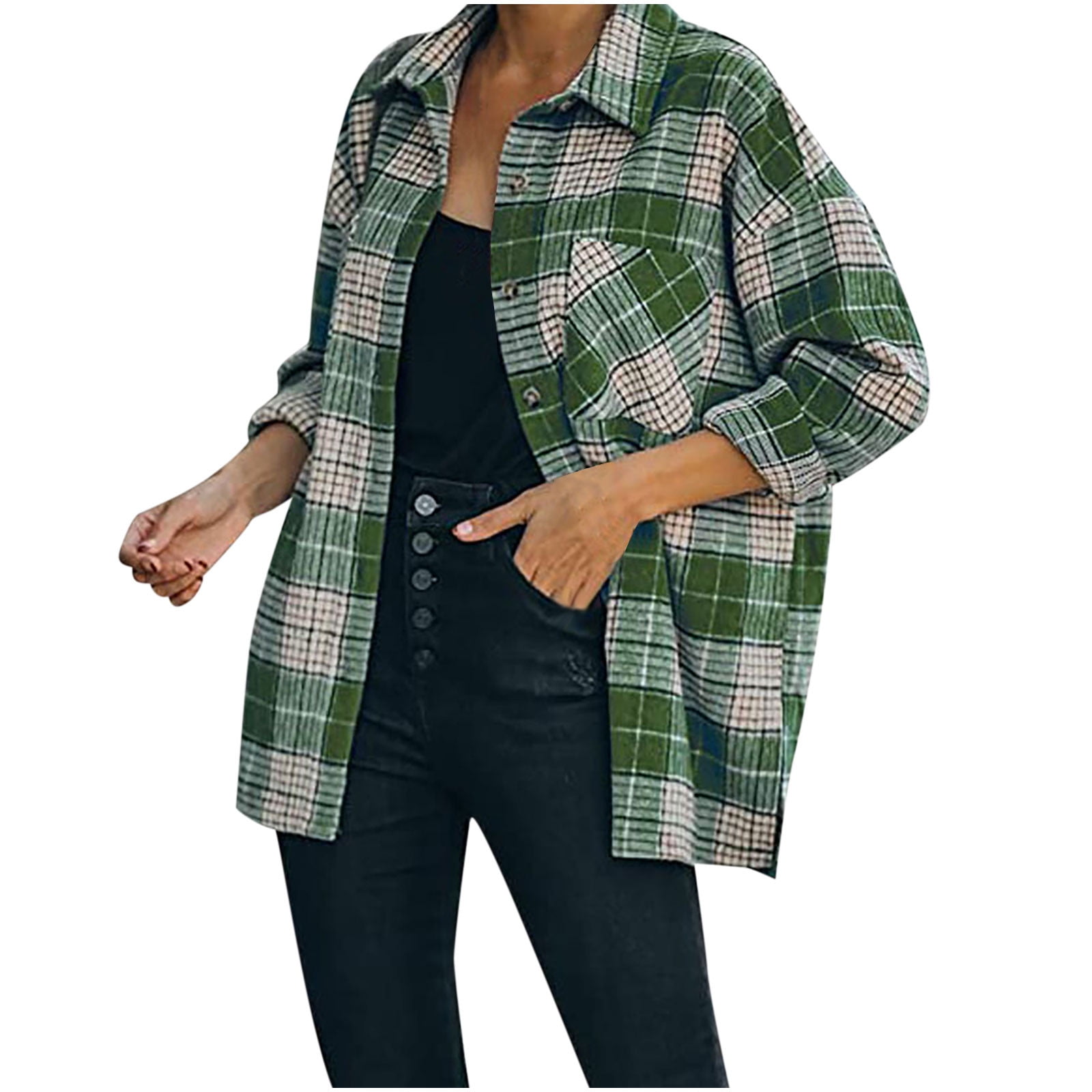 LWZWM Women Casual Shirts Fall Clothes Open Front Long Plaid Shirt