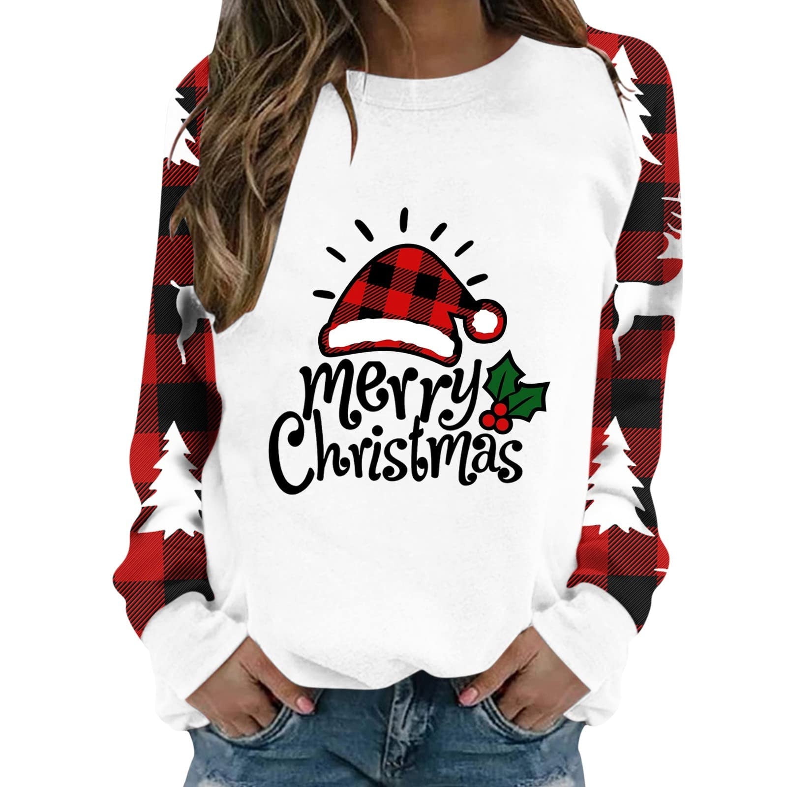 LWZWM Merry Christmas Sweatshirt for Women Christmas Tree Plaid Tops