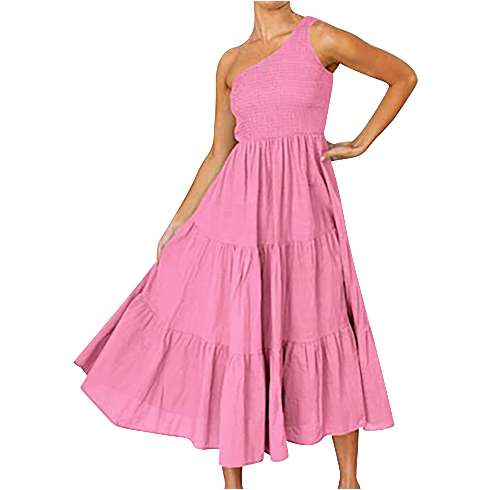 LWZWM Women Boho Summer One Shoulder Sleeveless Smocked Maxi Dress