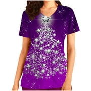 LWZWM Women Christmas Snowman Sweatshirts Print Casual T-Shirt V Neck Short Sleeve Sweatshirt Snowflake Pullover Women Christmas Sweatshirt Xmas Tree Print Holiday Graphic Pullover Tops Purple M