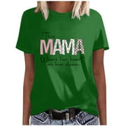 LWZWM Women Mama Bear Graphic T-Shirts Summer Letter Print Comfy Blouses Short Sleeve Round Neck Army Green M