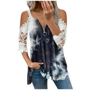 LWZWM Womens Summer Clothes Zipper T-Shirt V-Neck Short Sleeve Cold Shoulder Lace Embellished Tie Dye Black L