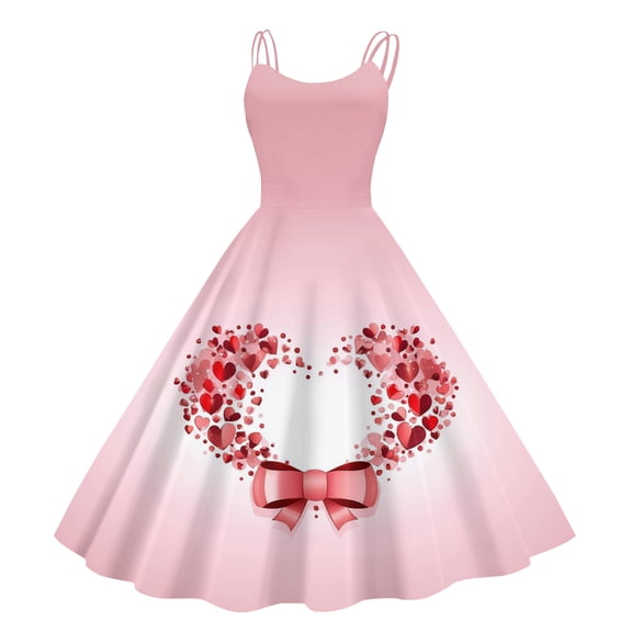 LWavelet 2026 Valentine's Brunch Outfit Must-Have Dress, Spaghetti Strap Heart Print Fitted Waist Flared Sundress Light pink M