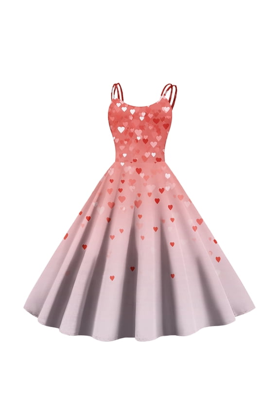 2026 Valentine's Casual Brunch Spaghetti Strap Dress, Heart Print Flowy Flared Sundress Valentine's Wear Hot Pink S