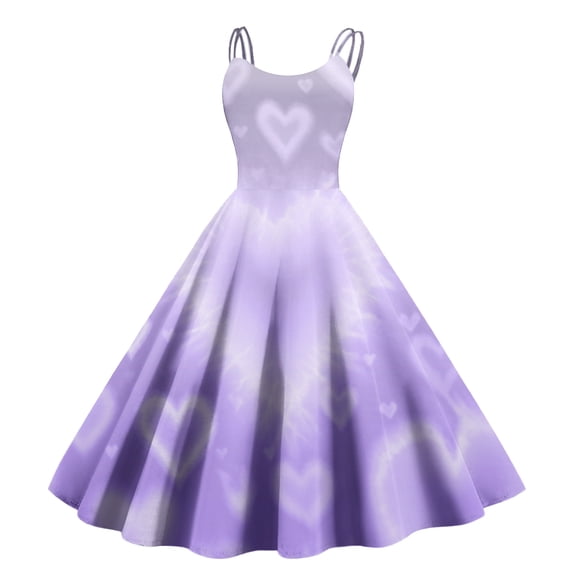 LWavelet 2026 Valentine's Charming Heart Print Dress, Spaghetti Strap Fitted Waist Flared Swing Valentine Sundress Purple XL