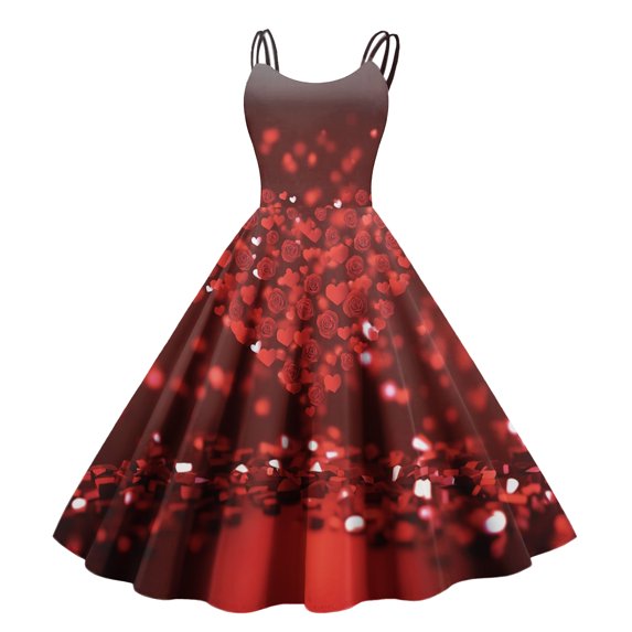 LWavelet 2026 Valentine's Coffee Date Spaghetti Strap Dress, Heart Print Slimming Waist Flared Valentine Sundress Beige S