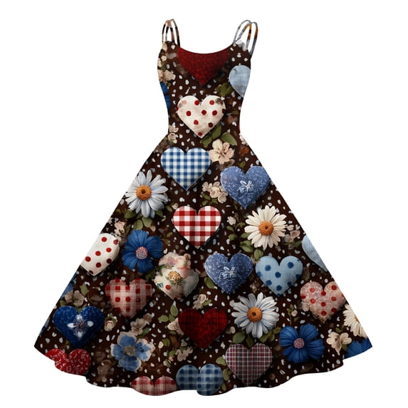 LWavelet 2026 Valentine's Coffee Date Valentine Dress, Spaghetti Strap Heart Print Flowy Flared Sundress Light Brown M